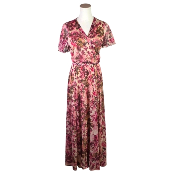 Kate and Lily Floral Chiffon Maxi Dress Pink Burgundy Belted Size 8P - Picture 1 of 7